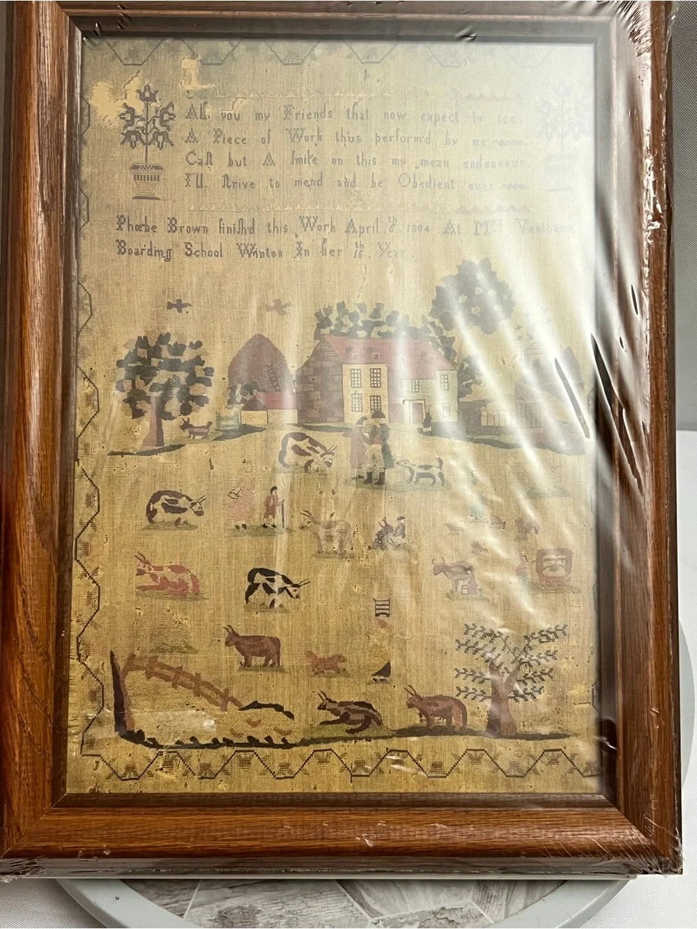 Framed Phoebe Brown 1804 Schoolgirl Sampler Reproduction Folk Art 14”